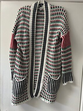 Open-Front Multicolor Knit Cardigan Sweater - Red, Green, Black & White